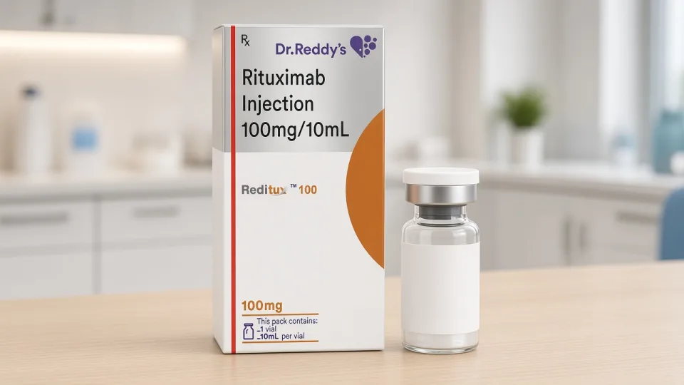 Пачка Reditux 100 (ритуксимаб, Dr. Reddy's): на коробці читаються речовина, 100 мг і завод