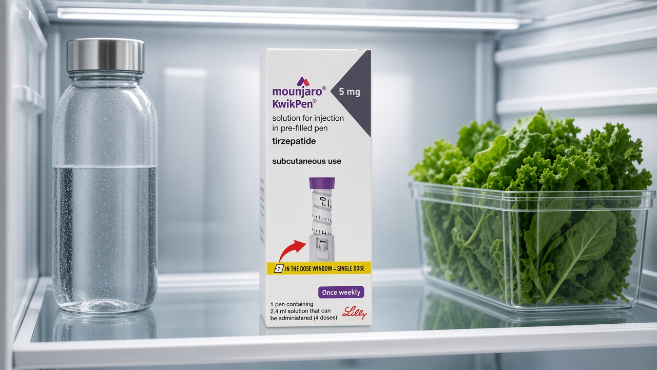 Пачка Mounjaro KwikPen 5 мг на средней полке холодильника
