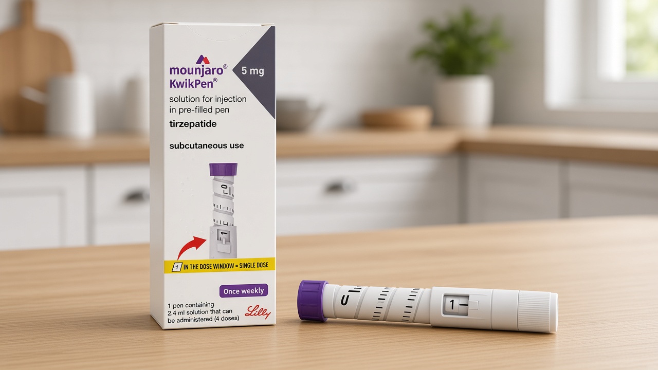 Пачка Mounjaro KwikPen 5 мг и ручка с фиолетовым колпачком