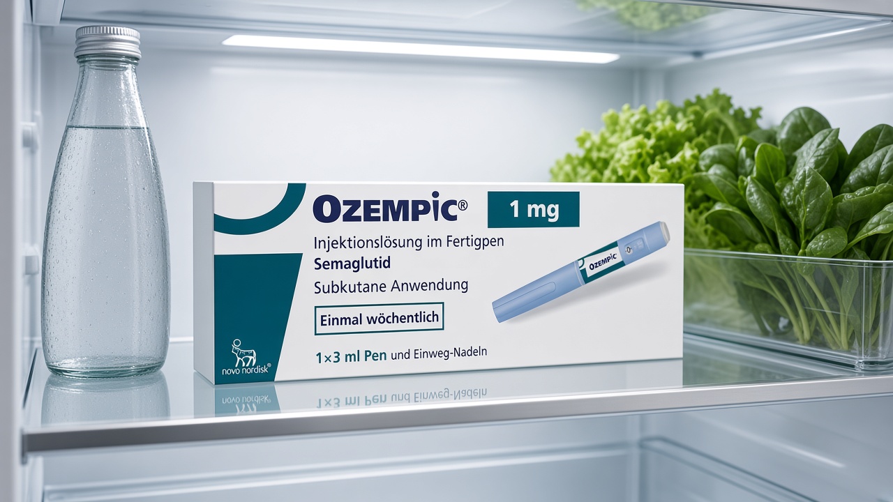 Пачка Ozempic 1 мг на середній полиці холодильника