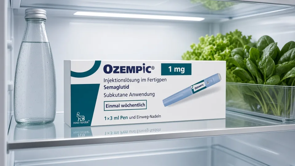Пачка Ozempic 1 мг на средней полке холодильника