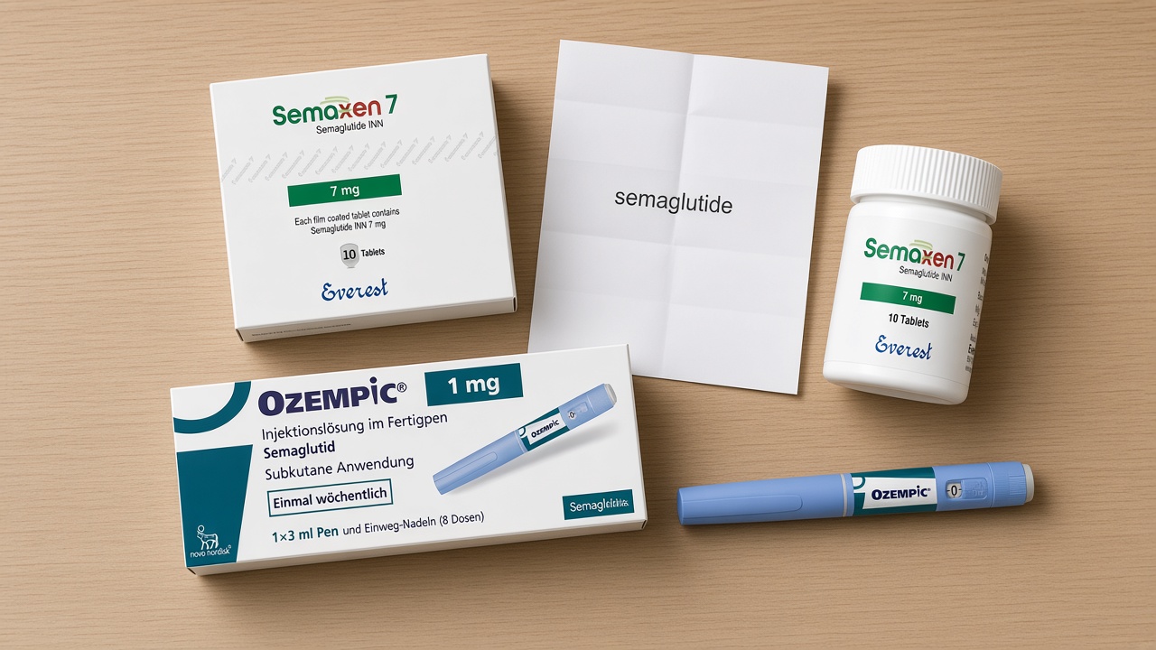 Пачки Ozempic 1 мг і Semaxen 7: одна речовина семаглутид, ручка і таблетки
